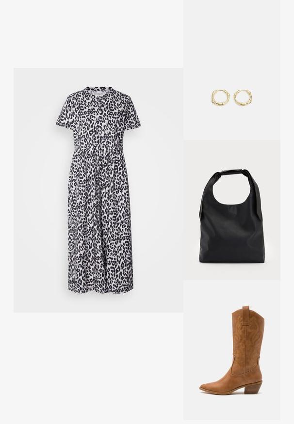 Lepardo rašto iki kelių ilgio suknelė su trumpomis rankovėmis, apykakle ir susikaupusiu liemeniu. Audinys minkštas su lygiu tekstūru juodos ir baltos spalvos.; Ruda odinė kantri batai su smailiu būtų pirštu, siuvinėtais spiralės raštais ant viršaus ir su kamščiu blokuotu kulnu. Yra tamprių užtraukių, kad būtų lengviau užsidėti.; Juoda odinė hobo tipo rankinė su viena minkšta, apvalia rankena; pasižymi lygiu paviršiumi ir minimalizmu. Nėra matomų detalių ar akcentų.; Aukso žiedo auskarai su tekstūruotu, netaisyklingu paviršiumi. Yra be siūlių užsegimas ir poliruotas paviršius, akcentuojantis modernų dizainą.