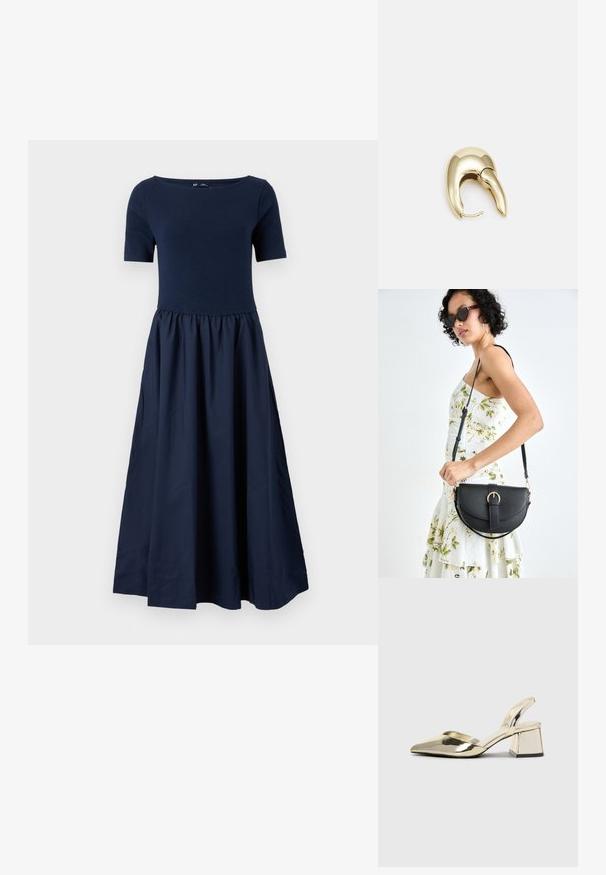 GAP DRESS - Dolga obleka - navy uniform; Zlati, kovinski slingback čeveljci z ostrim nosom in masivnim peto. Gladka tekstura, minimalistična zasnova in ozka zanka.; Črna usnjena torbica s ukrivljeno obliko, z odstranljivo naramnico in zlatimi dodatki. Torbica ima pokrov s podrobnostmi v obliki zaponke.; Uhane nakit iz zlatastega tona z gladko, ukrivljeno zasnovo. Ima edinstveno koničasto obliko, polirano površino in zaponko s tečajem.