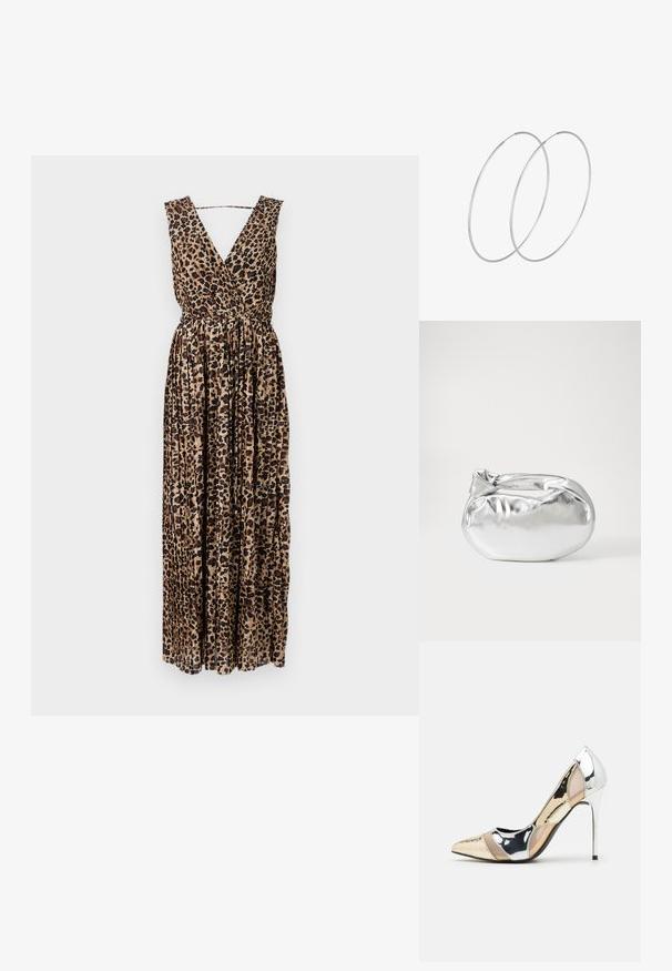 Maksi haljina s leopard uzorkom, dubokim V-izrezom, nabranom teksturom i prilagođenim strukom. Izrađena od lagane, lepršave tkanine.; Cipele s visokom potpeticom i špicastim vrhom u srebrnoj, zlatnoj i nude boji. Sjajan finiš s izrezbarenim dizajnom, s potpeticom u obliku stiletto.; Srebrna metalik torbica s mekim, zaobljenim oblikom i čvorastim zatvaranjem na vrhu. Izrađena od glatke sintetičke kože.; Srebrne okrugle naušnice s minimalističkim dizajnom. Kružni oblik, glatka tekstura i tanak profil. Lagane s poliranim završetkom.