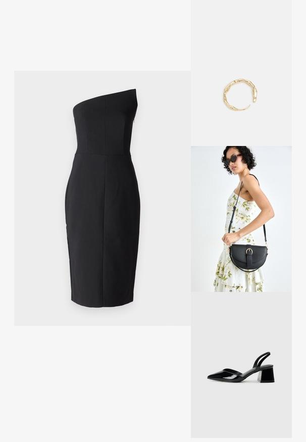 Vestido negro ajustado con diseño de un solo hombro. Hecho de una tela suave, presenta un corsé estructurado y una falda hasta la rodilla. Sin cierres visibles.; Zapatos de tacón slingback de charol negro con punta afilada y tacón geométrico en bloque. Presentan un diseño elegante y minimalista, así como una textura suave.; Bolso de piel negra con forma curva, correa desmontable y herrajes dorados. El bolso cuenta con una solapa con un detalle de hebilla.; Anillo en tono dorado con un diseño orgánico y retorcido, con una textura suave y extremos cónicos, creando una apariencia moderna y escultórica.