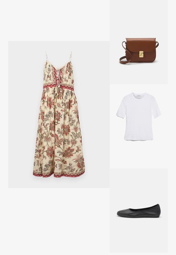 Gemustertes Blumenkleid in Creme mit roten und grünen Akzenten. Verfügt über Spaghetti-Träger, einen gebundenen Frontbereich und einen ausgestellten Rock mit aufwendigen Details.; Weißes kurzärmliges T-Shirt aus geripptem Stoff. Runder Halsausschnitt, normale Passform und dezente Nähte. Keine Muster oder Grafiken.; Schwarze Leder-Ballettschuhe mit abgerundeter Spitze, glatter Textur, minimalen Nähdetails und einem flexiblen Sohlen-Design.; Braune Ledertasche mit Klappenverschluss, Beschlägen in Goldfarbe, einem Schultergurt und einer glatten Oberfläche. Kompakte rechteckige Form.
