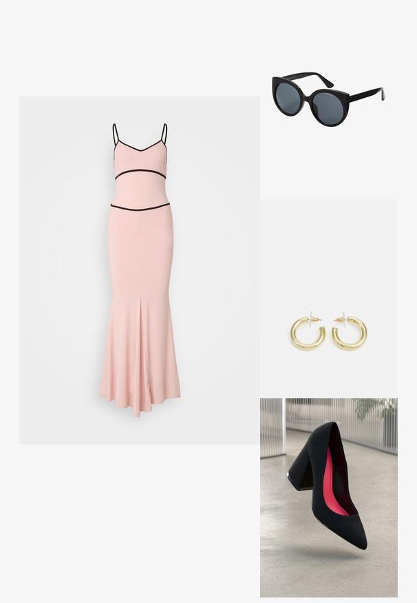 Vestido rosa sem mangas com acabamento preto, corpete justo e saia ampla. Apresenta um decote em V e uma costura vertical ao centro.; Sapato de salto alto preto com bico puntiagudo, superfície texturizada e um interior vibrante em rosa. Apresenta um salto grosso com detalhe em prata.; Óculos de sol grandes e pretos com formato de olhos de gato, lentes escuras e armação de plástico brilhante. Apresenta hastes grossas para suporte.; Brincos em argola dourados com um acabamento liso e brilhante. Design circular com um pequeno pino e suporte transparente para um uso seguro.