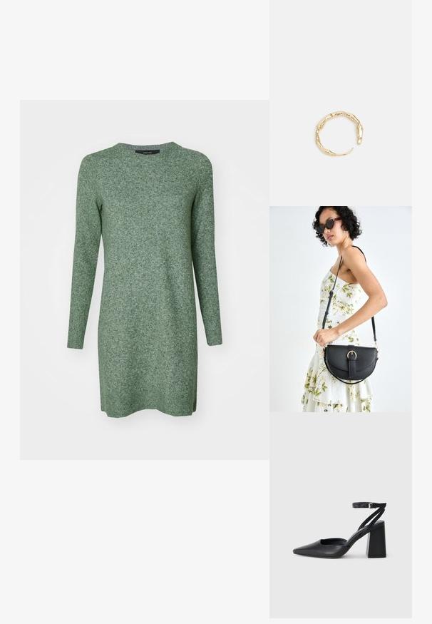 Roheline kudumine kootud kleit pikkae varrukatega, ümmarguse kaelusega ja veidi lõtv sobivus. Tekstuur on pehme ja kangas on õrnate mustritega.; Mustmustest must-käigukingad, millel on konksuga nöör ja paks konts. Ühtlane tekstuur, stiilne disain ja minimalistlik esteetika.; Mustmust mustraha kõverate joontega, eemaldatava rihmaga ja kuldsete detailidega. Kotil on klapp, millel on pandladetail.; Kuldtoonis sõrmus, millel on orgaaniline, keerdunud disain sileda tekstuuri ja kitsenevate otstega, luues kaasaegse skulptuurilise välimuse.