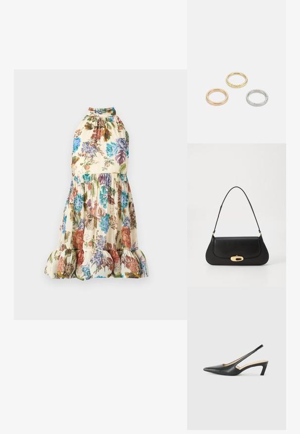 Blommig klänning med en krämfärgad bakgrund och färgglada blommönster. Halterneck-design med resår i midjan och volangkant.; Svart spetsig slingback-sko med låg klack, som har ett slätt lädermaterial och utskärningsdesign på sidan för andningsförmåga.; Svart läderhandväska med en böjd design, hårdvara i guldton, och ett handtag ovanpå. Har en snygg stängning och en mjuk yta.; Tre metallringar: en roséguld, en guld med texturerade detaljer och en silver, alla med ingraverad märkning på den inre ringen.