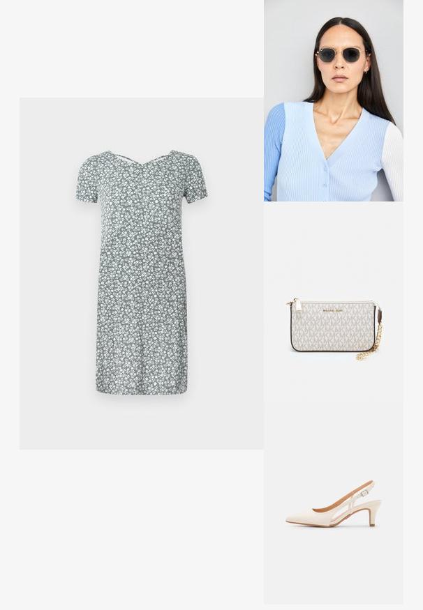 Šviesiai žalia trumpomis rankovėmis suknelė su baltais gėlių raštais, turinti V formos iškirpę ir laisvą siluetą, iki kelių ilgio.; Balti slingback kulniukai su smailiu pirštu, lygia viršutine medžiaga, žemu blokuotu kulnu ir šoniniu išpjovimu su reguliuojamu sagtimi.; Apskriti saulės akiniai su tamsiais objektyvais ir auksiniais rėmeliais. Modelis vilki šviesiai mėlyną, raukinį kardiganą su mygtukais ir kontrastingomis baltomis rankovėmis.; Michael Kors rankinė smėlio spalvos dengto kanvoje su pakartotiniu MK logotipo raštu, auksinėmis detalėmis ir nuimamu grandininiu dirželiu.