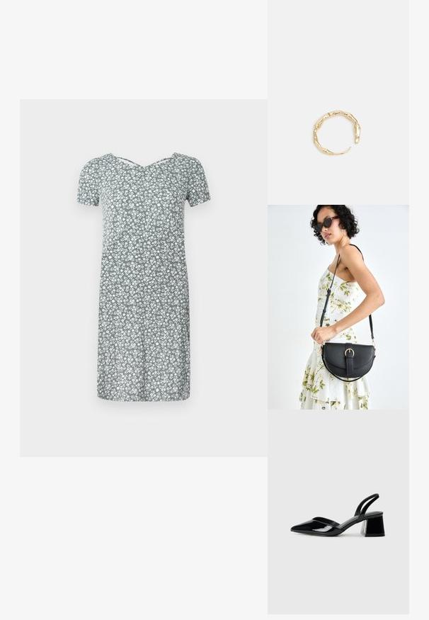 Kratka haljina s kratkim rukavima od svijetlozelene tkanine s bijelim cvjetnim uzorkom, koja ima V-izrez i opušteni kroj, duljine do koljena.; Crne lakirane kožne sandale s otvorenom petom i špicastim vrhom, s geometrijskom blok petom. Imaju elegantan, minimalistički dizajn i glatku teksturu.; Crna kožna torba s lukovitim oblikom, odvojivim remenom i zlatnim detaljima. Torba ima preklop s kopčom.; Prsten u zlatnoj nijansi s organskim, uvijenim dizajnom, glatkom teksturom i suženim krajevima, koji stvara moderan, skulpturalni izgled.