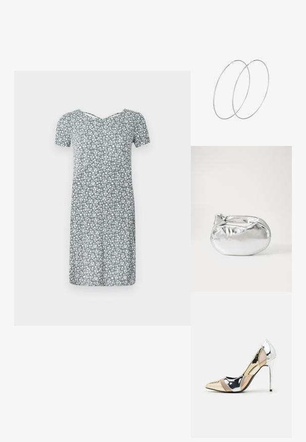 Šaty s krátkym rukávom v svetlozelenom materiáli s bielou kvetinovou potlačou, s výstrihom do V a voľným strihom, dĺžka po kolená.; Lodičky s špičatou špičkou v striebornom, zlatom a telovom farebnom prevedení. Lesklý povrch s výrezovým dizajnom, s ihlovým opätkom.; Strieborná metalická taška s mäkkým, zaobleným tvarom a uzáverom s uzlíkom. Vyrobená z hladkej syntetickej kože.; Strieborné kruhové náušnice s minimalistickým dizajnom. Cirkulárny tvar, hladký povrch a tenký profil. Ľahké s lesklým povrchom.