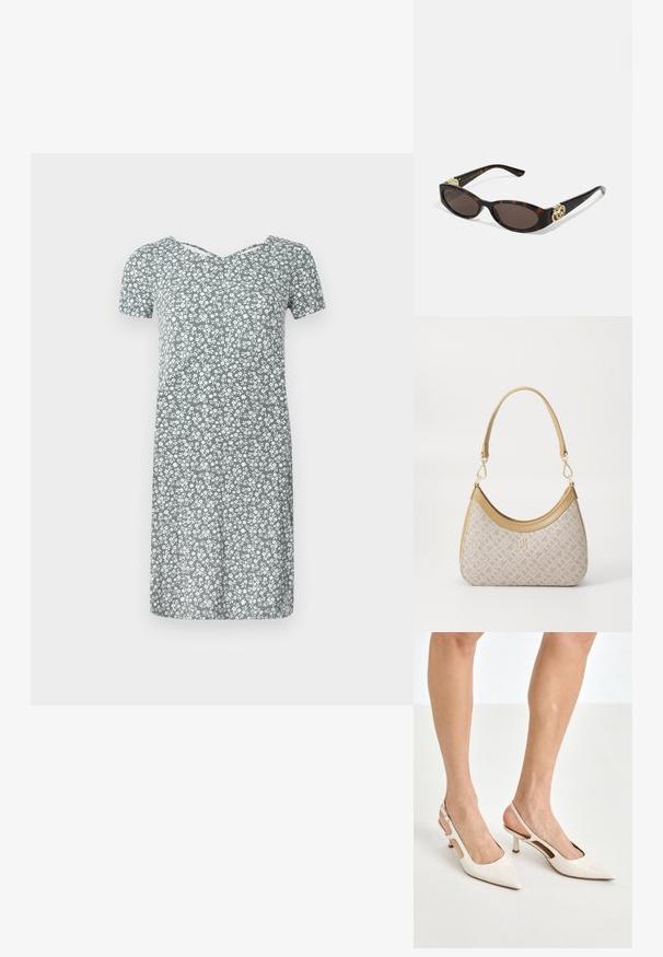 Sukienka z krótkim rękawem w jasn zielonym kolorze z białym kwiatowym nadrukiem, z dekoltem w kształcie litery V i luźnym krojem, sięgająca do kolan.; Beżowe lakierowane szpilki z odkrytą piętą, zakończone spiczastym noskiem i 5 cm obcasem, z wyciętymi bokami oraz cienkim paskiem na kostce.; Słoneczne okulary w kolorze żółwi z wydłużonymi owalnymi soczewkami, brązowym odcieniem, złotymi akcentami logo na zausznikach oraz smukłymi czarnymi ramionami.; Beżowa torebka w wzory o zakrzywionym kształcie, z skórzanymi akcentami i złotym logo z przodu. Posiada krótki uchwyt, co ułatwia noszenie.; Naszyjnik z pereł i kryształów o okrągłym, koralikowym wzorze w jasnych odcieniach, z naprzemiennie umieszczonymi perłami i błyszczącymi akcentami, noszony na szyi.