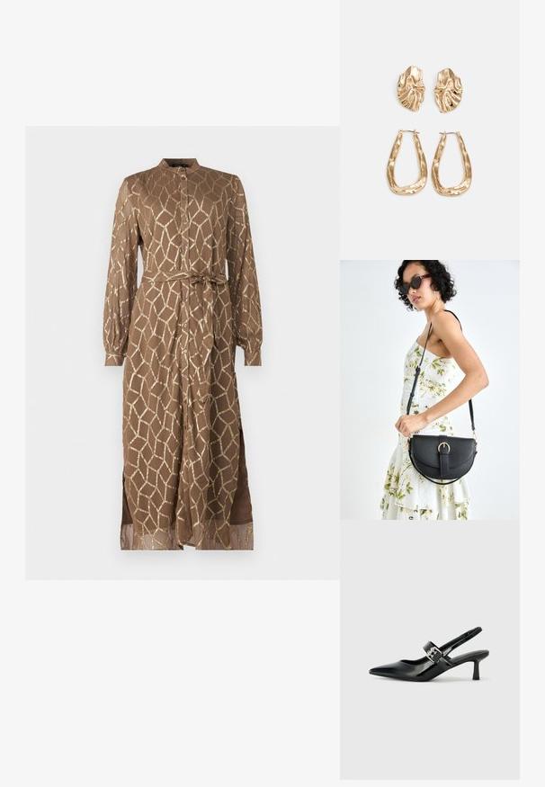 Ruskea pitkähihainen mekko, jossa on geometrinen kultakuosi. Mekossa on napitettavat etuosat, vyötärönauha ja sivuhalkiot liikkumisen helpottamiseksi.; Musta patenttinaahkakengät, joissa on osoittava kärki ja pieni lohko korko, varustettuna hopeisella soljella hihnassa.; Musta nahkainen käsilaukku, joka on kaareva muotoilultaan, irrotettavalla hihnalla ja kultaisilla yksityiskohdilla. Laukussa on läppä, jossa on solk yksityiskohta.; Korukultainen korvakorut, joissa on teksturoituja, aaltoilevia muotoja. Mukana on veistokselliset klipsikorvakorut ja avoin rengasmalli, jossa on vasaroitu pinta.