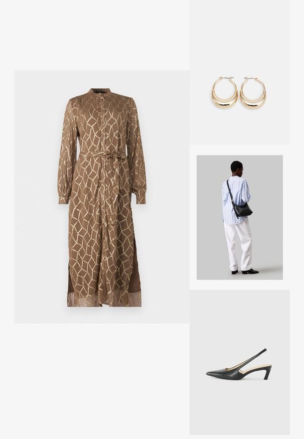 Hnědé, dlouhé šaty s dlouhým rukávem a geometrickým zlatým vzorem, s knoflíkovým zapínáním, středově s vázáním v pase a bočními rozparky pro pohodlný pohyb.; Černý špičatý slingback s nízkým podpatkem, vyrobený z hladké kůže, s výřezem na boku pro lepší prodyšnost.; Černá kožená kabelka přes rameno s jemnou texturou, trojúhelníkovým tvarem a nastavitelným popruhem, v kombinaci se světle modrou pruhovanou košilí a bílými kalhotami.; Náušnice ve tvaru kroužku zlaté barvy s půlměsícovým tvarem, lesklým povrchem a závěrečným uzávěrem. Hladká textura a reflexní povrch zvyšují viditelnost.