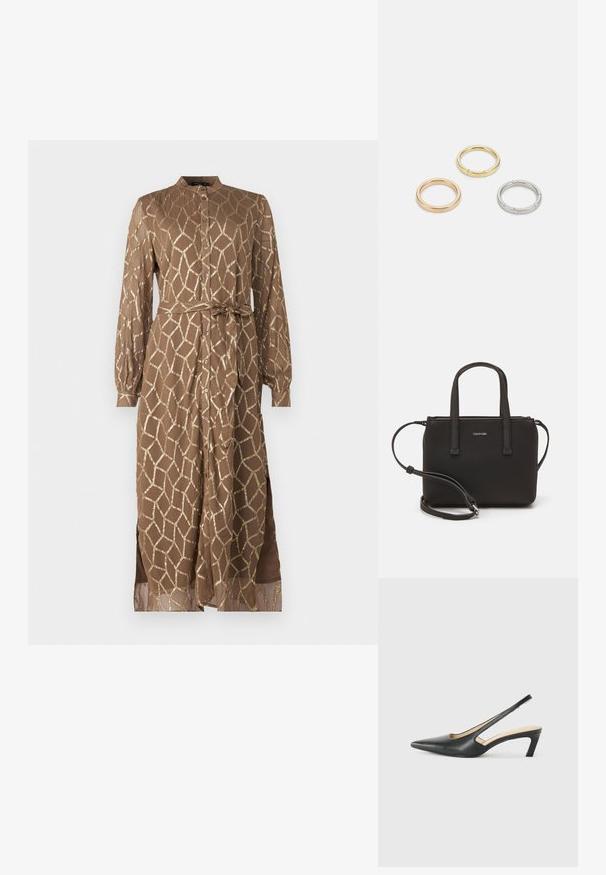 Pruun, pika varrukaga kleit geomeetrilise kuldse mustriga, nupuga esiosaga, vöödega ja küljetükkidega mugavuse tagamiseks.; Must mustaga, terav varvas, madala kontsaga sildiga king, mis on valmistatud siledast nahast ja mille küljel on lõike disain hingavuse tagamiseks.; Musthave mustrans vöö ja eemaldatav õlarihm. Gludike nahk siledaga, millel on tõmblukk ja logo detail.; Kolme metallist rõngast: üks roosa kuld, üks kuld tekstuursete aktsentidega ja üks hõbe, kõik sisepoolt graveeritud brändinguga.