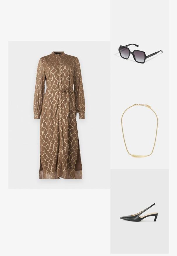 Ruda, ilgomis rankovėmis suknelė su geometriniu auksiniu raštu, su sagų užsegimu priekyje, rišama juosmenyje ir šoninėmis skeltukėmis, užtikrinančiomis judėjimo laisvę.; Juodas smailus slingback batelis su žemu kulnu, pagamintas iš lygaus odos paviršiaus ir su išpjovomis šone, užtikrinančiomis oro pralaidumą.; Juodos šešiakampės saulės akinių su gradientiniais lęšiais, turinčių blizgų paviršių ir subtilų prekės ženklą ant šventyklos. Patvari plastikinė konstrukcija.; Auksu padengta apyrankė su lygiu, įgaubtu centriniu akcentu. Pasižymi lankstoma grandinėle su vėžlio užsegimu ir papildomais reguliuojamais grandinėlių ryšiais.