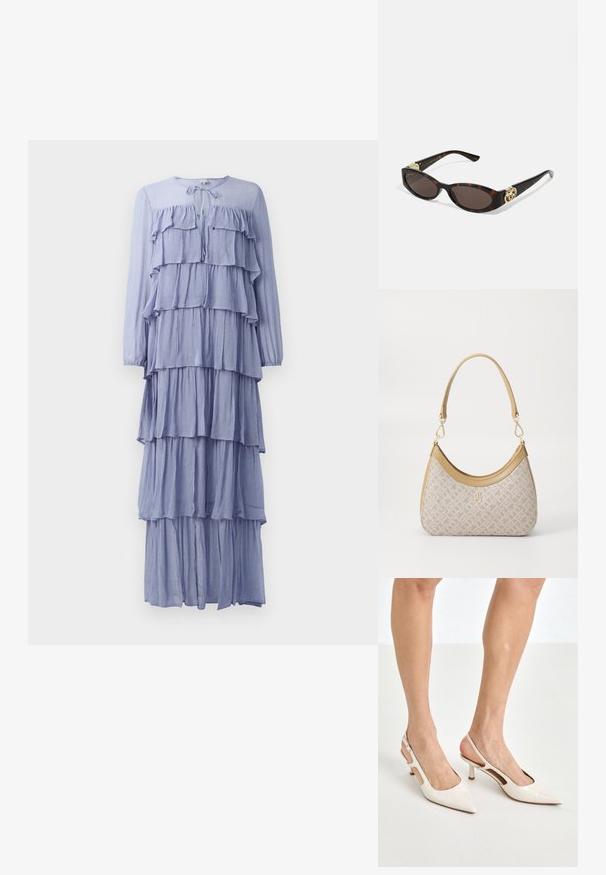 Vestido largo de manga larga en azul claro que presenta múltiples volantes horizontales, un escote redondo con un lazo y un diseño fluido en capas.; Tacones slingback de charol beige con punta afilada y un tacón de 5 cm, con lados recortados y una delgada correa en el tobillo.; Gafas de sol carey con lentes ovalados alargados, tintado marrón, acentos de logo dorado en las patillas y brazos negros elegantes.; Bolso de mano beige con un patrón y forma curva, acentos de cuero y un logo tono dorado en la parte frontal. Cuenta con un asa corta para un fácil transporte.