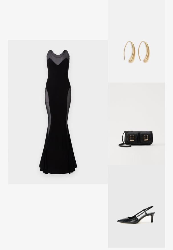 Μαύρη αμάνικη βραδινή τουαλέτα με διαφανή δίχτυα στους ώμους, στις πλευρές και στο πάνω μέρος του στήθους, εφαρμοστή σιλουέτα, φουσκωτό στρίφωμα.; Μαύρη πατέντα σλινγκμπάκ γόβα με μυτερή μύτη, διαθέτει υφή από φίδι, ρυθμιζόμενο λουρί και κοντή, υφή τετράγωνη φτέρνα.; Μαύρη δερμάτινη τσάντα ώμου με δύο μπροστινές τσέπες, χρυσά κούμπωματα, κλείσιμο με φερμουάρ και λεπτό λουρί. Υφή επιφάνειας και κομψό ορθογώνιο σχήμα.; Χρυσές μεταλλικές σκουλαρίκια κρίκοι με καμπυλωτό, ελκυστικό σχήμα. Περιλαμβάνουν μια λεία, γυαλιστερή επιφάνεια και στρογγυλή άκρη για πρόσθετη λεπτομέρεια.