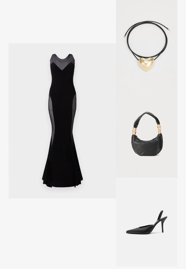 Črna brezrokavna večerna obleka z prosojnimi mrežastimi paneli na ramenih, straneh in zgornjem delu prsnega koša, prilegajoča silhueta, širok rob.; Črne slingback pete z ostrim nosom, iz gladke usnjene materiala in s prefinjenim, minimalističnim oblikovanjem. Visoka stiletto peta.; Črna usnjena torbica okrogle oblike, mehke teksture, z vozlanim ročajem in zlatimi kovinskimi dodatki. Zadrga za zapiranje.; Črna pletena verižica z obeskom v obliki zlate srca, ki ima gladke krivulje in sijočo površino.