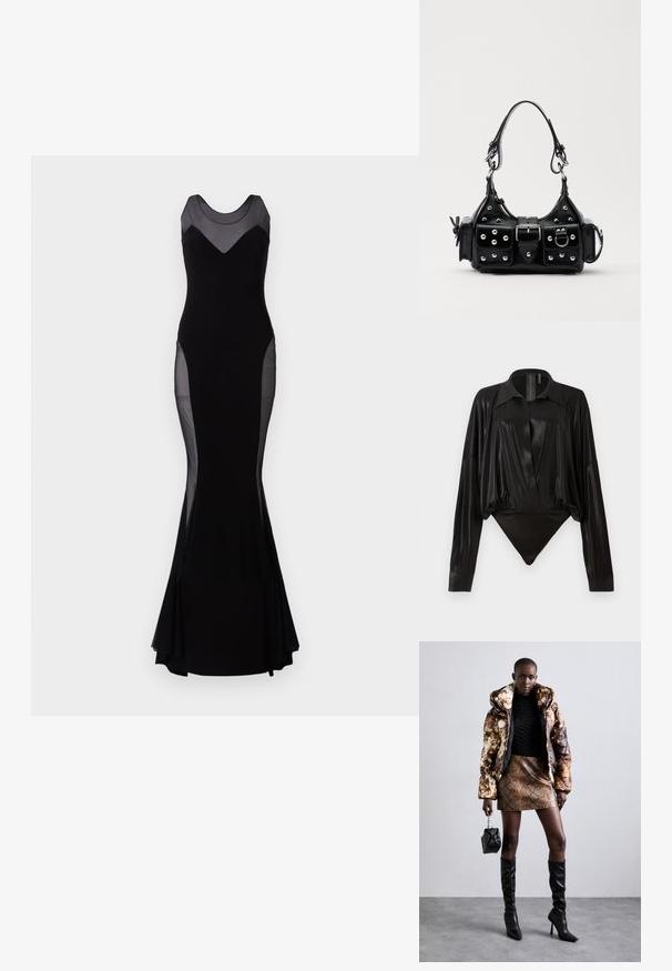 Rochie de seară neagră fără mâneci, cu panouri din plasă transparentă la umeri, pe laterale și în partea superioară a pieptului, siluetă ajustată, tiv evazat.; Body negru cu mâneci lungi, decolteu în V și o siluetă ajustată. Fabricat dintr-un material lucios și neted, cu guler structurat și manșete.; Jachetă puffer cu un model maro și negru, asortată cu o fustă mini din piele de șarpe maro, cizme negre până la genunchi și o geantă mică neagră.; Geantă de piele neagră cu un design curbat, dotată cu studuri argintii, o cataramă și două buzunare laterale. Curea ajustabilă pentru opțiuni de transport.