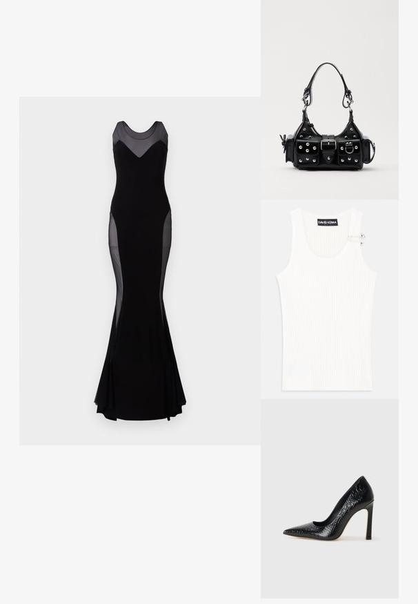 Juoda be rankovių vakarinė suknelė su permatomais tinkliniais intarpais ant pečių, šonų ir viršutinės krūtinės, prigludusi siluetas, platėjanti apatinė dalis.; Balta raibuotas marškinėliai be rankovių su apvalia iškirpte ir metaliniu akcentu ant peties. Minkšta tekstūra, prigludęs dizainas ir be rankovių stilius.; Juoda smailiakulnė aukšto kulno bateliai su krokodilo odos tekstūra, pasižymintys elegantišku dizainu, aukštu stiletu kulnu ir lygia juoda vidine dalimi.; Juodas odinis rankinukas su kreiviu dizainu, su sidabro spalvos knopkėmis, užsegimu ir dviem šoninėmis kišenėmis. Reguliuojama dirželis nešimui.