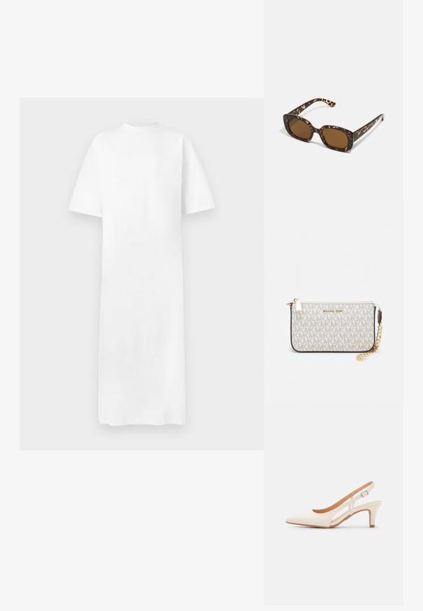 Balta T-marškinėlių suknelė, trumpomis rankovėmis, apvali kaklo iškirptė, tiesaus kirpimo, glotnaus paviršiaus, iki kelių ilgio, minimalistiško dizaino, be matomų raštų ar akcentų.; Balti slingback kulniukai su smailiu pirštu, lygia viršutine medžiaga, žemu blokuotu kulnu ir šoniniu išpjovimu su reguliuojamu sagtimi.; Kare klasikinės saulės akinių rėmeliai su apvalia, didesne forma ir rudais objektyvais. Yra subtilių raštų ir tiesių, siaurėjančių šonų.; Michael Kors rankinė smėlio spalvos dengto kanvoje su pakartotiniu MK logotipo raštu, auksinėmis detalėmis ir nuimamu grandininiu dirželiu.