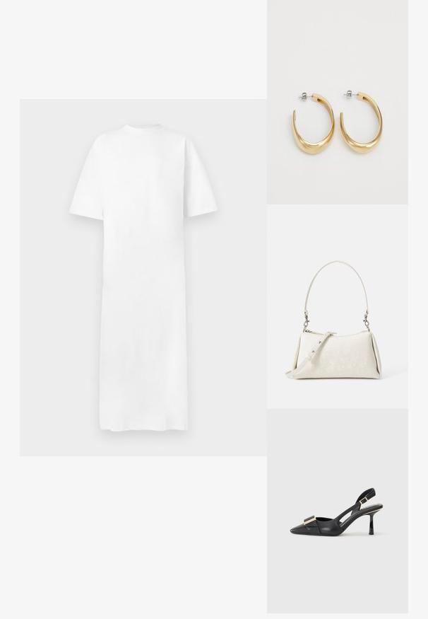 Bijela majica haljina, kratki rukavi, okrugli izrez, ravnog kroja, glatka tekstura, do koljena, minimalni dizajn, bez vidljivih uzoraka ili ukrasa.; Crne kožne slingback cipele s šiljastim nosom, tankim potplatom i zlatnim detaljima na prednjem dijelu. Glatka tekstura i strukturirani dizajn.; Bijela torba s glatkom teksturom, zakrivljenim siluetom i podesivom naramenicom. Sadrži suptilni uzorak s logotipom i akcentima od srebrne boje.; Zlatne okrugle naušnice s glatkim, zakrivljenim dizajnom. Izrađene od metala, s elegantnom završnom obradom i zatvaranjem na iglu.
