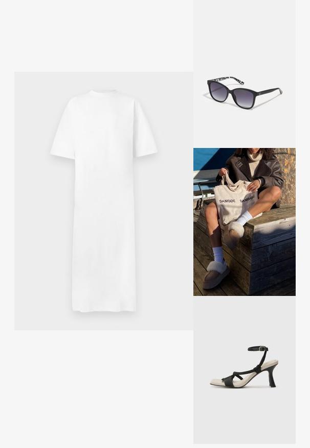 Hvit T-skjortekjole, korte ermer, rund hals, rett snitt, glatt tekstur, knelengde, minimalistisk design, ingen synlige mønstre eller detaljer.; Sorte helårs sandaler med flettet stroppesdesign, firkantet tå og justerbar ankelrem. Lys beige fotseng med glanset svart hæl.; Sorte solbriller med gradientlinser, firkantet form og en strukturert svart-hvitt mønstrede stang. Har en sølvfarget logoaksent.; Beige tote bag med "SAMSOE" trykt to ganger, brune tøfler med hvit pelskant, hvite sokker og en brun lammeskinnsjakke på en treflate.