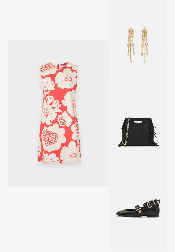 Kratka cvjetna haljina u crvenoj i krem boji, s bezrukavnim dizajnom, visokim ovratnikom i velikim bijelim cvjetnim uzorcima po cijeloj haljini.; Crne lakirane balerinke sa četvrtastim vrhom, remenom oko zapešća sa srebrnim detaljima i ravnim đonom. Glatka tekstura s minimalističkim dizajnom.; Crna kožna torba s resicama, zlatnim lančićem za rame i rukohvatom u obliku izreza. Sadrži logo na prednjoj strani.; Zlatne naušnice s višestrukim kaskadnim lancima, s prozirnim ovalnim cirkonima i dekorativnim šiljcima na vrhu.