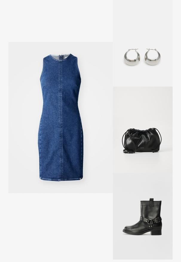 Denimkjole, ermeløs, mørkeblå farge, kne-lengde, med rett snitt, med glidelås bak og uten ytterligere dekorasjoner.; Samsøe Samsøe SABRENTA - Cowboystøvletter - black; Svart lærveske med samlet design, dobbel snoråpning og avtagbar skulderrem. Har metallisk logodetalj.; Sølvmetalløreringer med en glatt, skinnende overflate og et strukturert, rundet design. Har en hengslet lås for sikker bruk.
