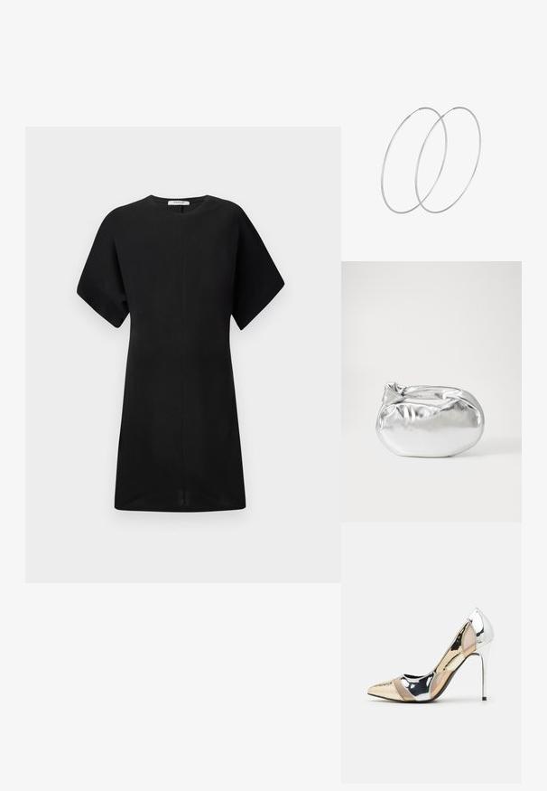 Must enne lühikeste varrukatega must kleit, millel on ümar kaelus, sirge siluett ja sile tekstuur. Sellel on keskne õmblus, mis kulgeb mööda ette.; Kitsas toe kõrge kontsaga kingad, millel on hõbedane, kuldne ja nude värvilahendus. Läikiv viimistlus lõikekujundusega, stiletto konts.; Hõbedane metallikoti kott pehme, ümar kuju ja sõlme ülemise sulgemisega. Valmistatud siledast kunstnahast materjalist.; Hõbedased rõngastikkaehingad minimalistlikus disainis. Ümar kuju, sile tekstuur ja õhuke profiil. Kerged ning poleeritud viimistlusega.