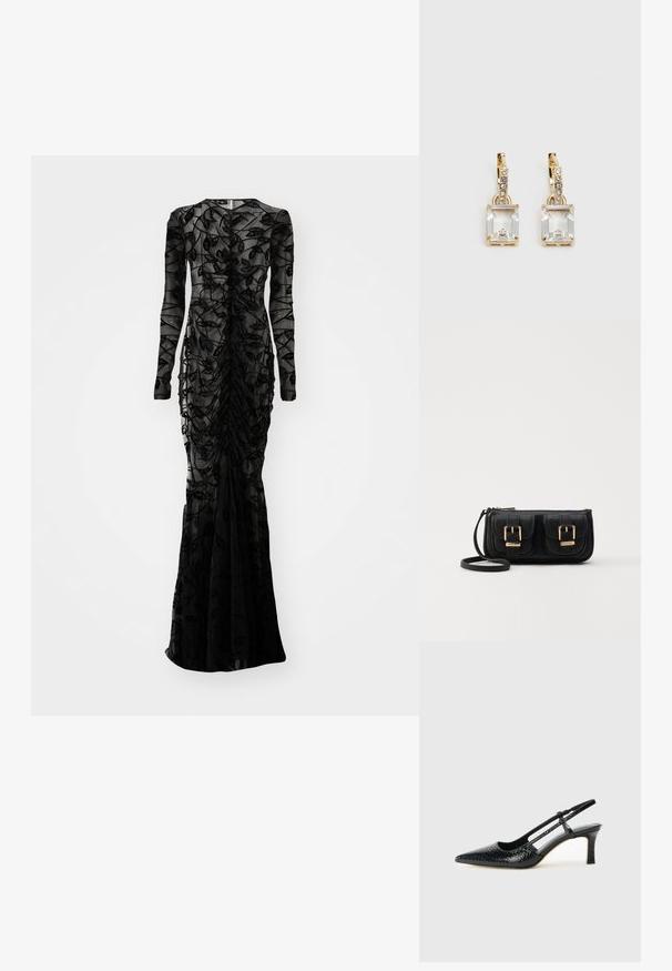 Norma Kamali LONG SLEEVE V NECK SHIRRED FRONT FISHTAIL GOWN - Proginė apranga - black; Juodai lakuoti slingback aukštakulniai su smailiu nosiu, su tekstūruotu gyvatės raštu, reguliuojama juosta ir trumpu, tekstūruotu blokiniu kulnu.; Juodas odinis per petį nešiojamas krepšys su dviem priekiniais kišenėmis, auksiniais sagtimis, užtrauktuko uždarymu ir siauromis petnešomis. Textūruota paviršius ir kompaktiškas stačiakampis formatas.; Auksinės spalvos auskarai, kuriuose yra stačiakampis, skaidrus kristalas, kabantis po eile mažų, apvalių skaidrių akcentų. Šiuolaikiškas, modernus dizainas.