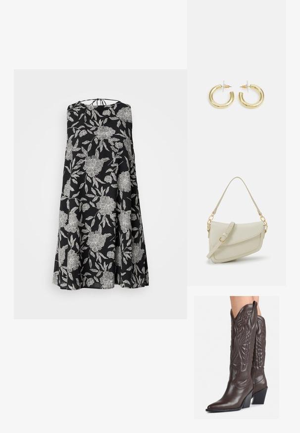 Robe sans manches noire avec un motif floral blanc, présentant une silhouette ample et une fermeture à nouer à l'arrière. Texture de tissu léger.; Bottes de cowboy en cuir marron avec un bout pointu et un talon bloc, présentant des coutures détaillées et des accents en relief sur la tige.; Petit sac à main crème avec une finition texturée, une longue sangle réglable, un accent en chaîne et une fermeture à rabat. Détails en matériel doré.; Boucles d'oreilles en or avec une finition lisse et brillante. Design circulaire présentant un petit clou et une attache transparente pour un port sécurisé.