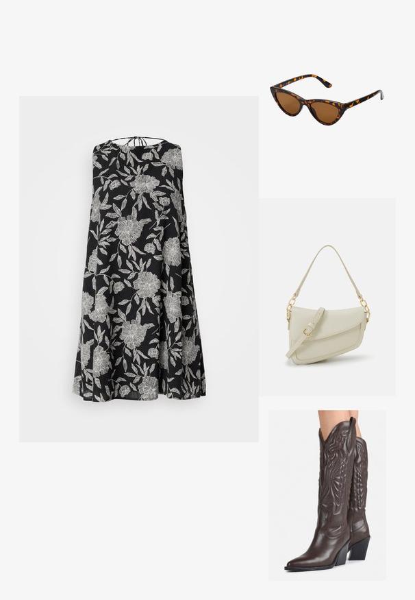 Melna bez piedurknēm kleita ar baltu ziedu rakstu, kas piedāvā brīvu siluetu un ar saites aizdari aizmugurē. Viegls auduma tekstūra.; Brūni ādas kovboju zābaki ar norādītu purngalu un blokveida papēdi, ar detalizētu šūšanu un paceltiem akcentiem uz kājas daļas.; Kaķa acs saulesbrilles ar melnu un oranžu bruņurupuču rakstu rāmi, brūnām lēcām un elegantiem, norādītiem galiem. Rāmī ir minimālists logos uz tempļa.; Maza krēmkrāsas rokas soma ar teksturētu apdari, garu regulējamu siksniņu, ķēdes akcentu un vāciņa aizdari. Zelta aparatūras detaļas.