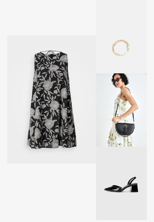 Schwarzes ärmelloses Kleid mit weißem Blumenmuster, das eine lockere Silhouette aufweist und einen Bindeverschluss im Rücken hat. Leichter Stoff.; Schwarze Lackleder-Slingback-High Heels mit spitzem Schuh und einem geometrischen Blockabsatz. Verfügt über ein schlankes, minimalistisches Design und eine glatte Textur.; Schwarze Lederhandtasche mit geschwungener Form, abnehmbarem Tragegurt und goldenen Beschlägen. Die Tasche verfügt über einen Deckel mit einer Schnallen-Details.; Goldfarbener Ring mit einem organischen, gedrehten Design, glatter Oberfläche und sich verjüngenden Enden, was ein modernes, skulpturales Erscheinungsbild erzeugt.