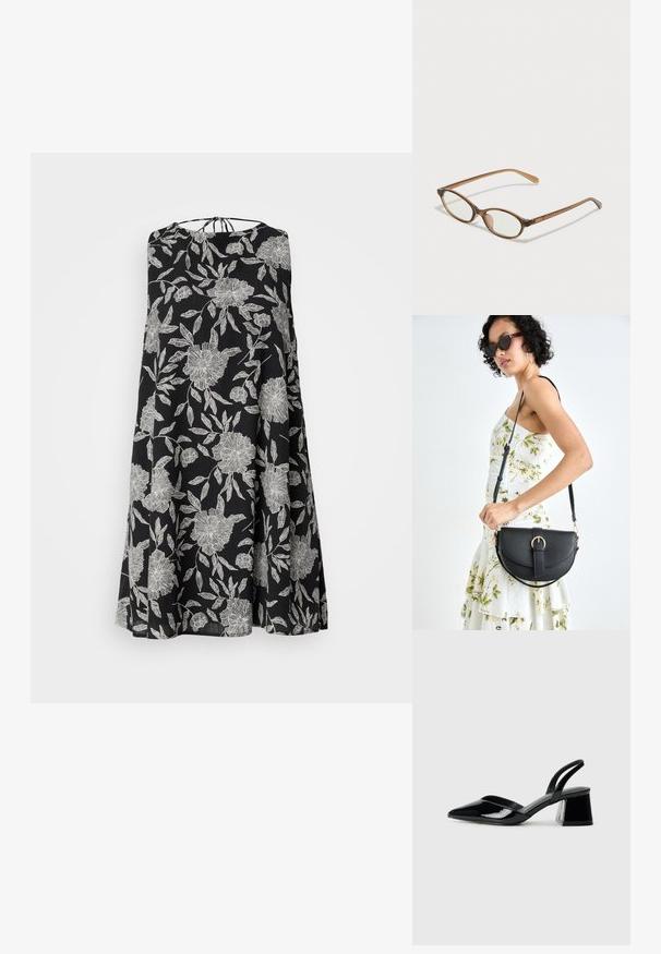 Vestido preto sem mangas com padrão floral branco, apresentando um silhueta solta e um fecho de laço nas costas. Textura de tecido leve.; Sandy em verniz preto com salto slingback, ponta afilada e salto geométrico. Apresenta um design elegante e minimalista com textura suave.; Óculos tortoiseshell castanhos com lentes ovais, hastes finas e acabamentos transparentes. Apresenta um logótipo subtil na têmpora. Design elegante e leve.; Bolsa de couro preta com forma curva, alça destacável e detalhes em dourado. A bolsa possui uma aba com detalhe de fivela.