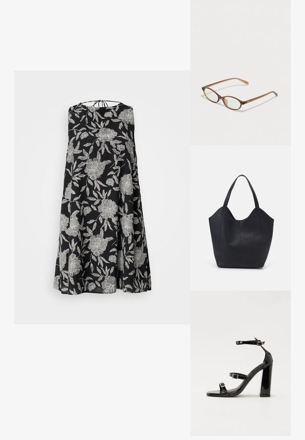 Black sleeveless dress with white floral pattern, featuring a loose silhouette and a tie closure at the back. Lightweight fabric texture.; Black patent heeled sandals with a square toe, ankle straps, and silver buckles. Features a chunky block heel for stability.; Brown tortoiseshell glasses with oval lenses, thin arms, and transparent accents. Features a subtle logo on the temple. Sleek, lightweight design.; Black tote bag made of smooth leather, featuring a curved, open top with two shoulder straps and a minimalist design.