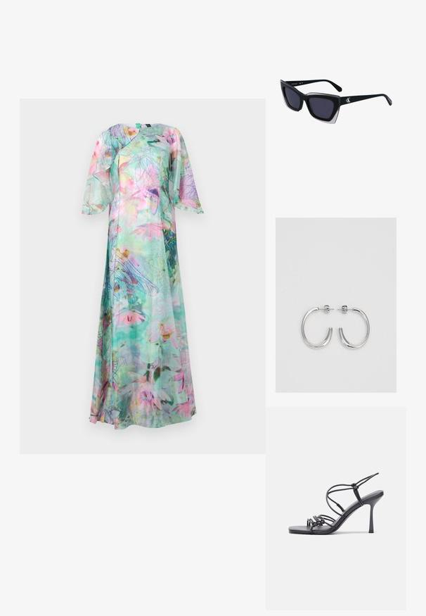 Maxi kleit poolläbipaistvast kangast, millel on rohelise ja pastellsete lillede print, drapeeritud disain ja lühikesed lehvid varrukad.; Mustad musta värvi kontsandaalid on varustatud peente rihmadega, millel on sõlmekujundus, siledad ruudukujulised varbad ja stiilne stilettokonts.; Mustad suured mustad prillid geomeetrilise kujuga, tumedate läätsedega ja kontrastse halli detailiga raamidel. Logo käe peal.; Hõbedased rõngaskõrvarõngad, millel on sile ja läikiv pind. Ümar kuju, kerge disain, millel on post-tagumise kinnituse süsteem.