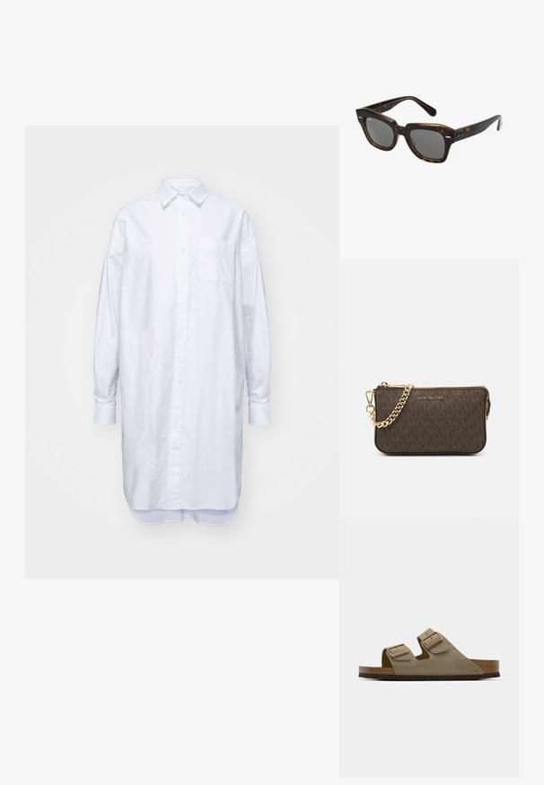 Pikk valge triiksärk, mis on valmistatud puuvillast, koos kraega, pikkade varrukatega ja ühe brodeeritud rinna-taskuga.; Heledad taupe suedsandaal, millel on kaks reguleeritavat rihma ja roosast kullast detailid. Korkpadi tekstureeritud pruunil tallal. Avatud varvaga disain.; Ristkülikukujulised päikeseprillid, millel on kilpkonnamustriga plastraam, tumedad objektiivid ja hõbedased detailid külgedel. Valmistatud Itaalias.; Pruun naha rihmats, millel on logo muster, kuldne kett-riiul, tõmblukk ja kuldsetest detailidest aksessuaarid. Kompaktne ja ristkülikukujuline kuju.