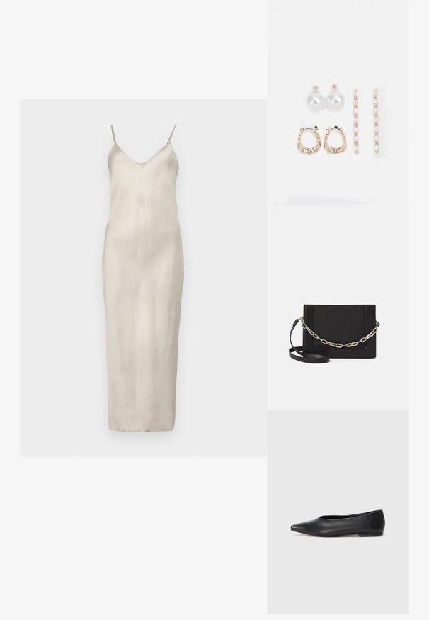 Robe nuisette en satin de couleur beige clair, avec de fines bretelles réglables, un décolleté en V et une silhouette droite longueur sol avec une texture lisse.; Ballerines noires en cuir, à bout pointu, design minimaliste, texture lisse, talon bas, sans matériel ni embellissements visibles.; Sac bandoulière en cuir noir avec une texture lisse, de forme rectangulaire et un détail en chaîne métallique à l'avant. Sangle réglable incluse.; Trois paires de boucles d'oreilles : de grandes perles blanches en boutons, des créoles en or avec des pierres claires, et deux longues boucles d'oreilles droites en or avec des détails scintillants.