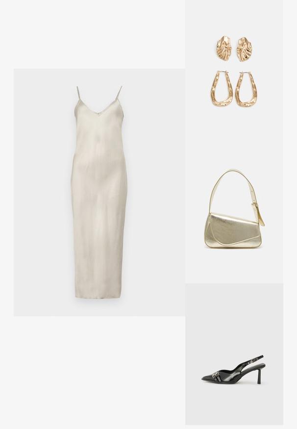 Világos bézs selyemruha, vékony állítható pántokkal, V-nyakkivágással és egyenes, padlóhosszig érő sziluettel, sima textúrával.; Fekete lakk bőr, hegyes orrú slingback cipő, boka pántokkal, ezüst csatokkal és hardverelemekkel, valamint karcsú sarkú.; Arany fémes kézi táska, strukturált dizájnnal, sima felülettel és állítható pánttal. Egyedi háromszög alakú, minimalistának mondható varrásokkal rendelkezik.; Aranyszínű fülbevalók, texturált, hullámos formákkal. Tartalmazza a szobrászati klipszes studokat és az open hoop kialakítást, kalapácsos felülettel.