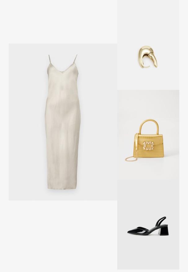 Satin caurspēlējoša kleita gaiši bēšā krāsā, ar plānām regulējamām siksnām, V veida kakla izgriezumu un taisnu grīdas garuma siluetu ar gludu tekstūru.; Melna lakota āda ar atvērto papēdi, ar smailu purngalu un ģeometrisku blokpapēdi. Iezīmējas elegants, minimāls dizains un gluda tekstūra.; Dzeltena mākslīgā krokodila roku soma ar strukturētu dizainu, augšējo rokturi, noņemamu ķēdes siksniņu un dekoratīvām kristāla rotājumiem aizdares daļā.; Zeltīti metāla auskari ar gludu, izliekta dizaina. Ar atšķirīgu smailu formu, pulētu virsmu un eņģu aizdari.