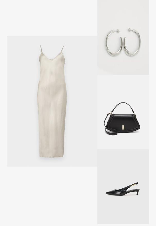 Sukienka satynowa w jasnobeżowym kolorze, z cienkimi regulowanymi ramiączkami, dekoltem w kształcie litery V oraz prostą, długą sylwetką sięgającą podłogi o gładkiej fakturze.; Czarne skórzane szpilki typu slingback z ostrym noskiem, posiadające smukły obcas i złoty akcent na regulowanym pasku. Gładka tekstura.; Czarna skórzana torebka o strukturalnym designie, z przyciętą formą, górnym uchwytem i złotymi akcentami. W zestawie regulowany pasek na ramię.; Srebrne kolczyki-hoop o gładkim, zakrzywionym designie. Posiadają błyszczące metaliczne wykończenie i zapięcie na sztyft. Brak widocznych wzorów lub akcentów.