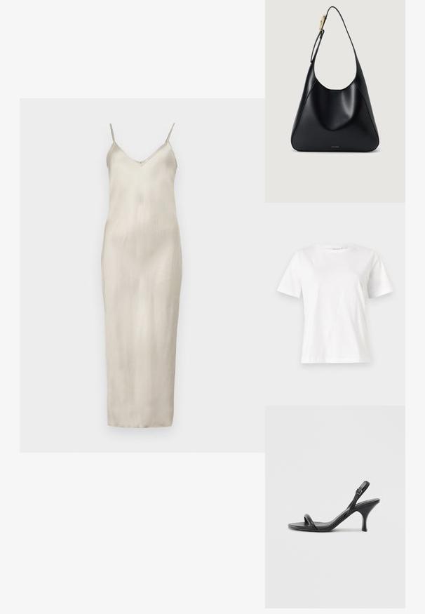 Svileni slip haljina u svijetlo bež boji, s tankim podesivim naramenicama, V-izrezom i ravnim siluetom do poda s glatkom teksturom.; Bijela pamučna majica s kratkim rukavima, okruglim izrezom i opuštenim krojem. Glatka tekstura, bez uzoraka ili akcenata, minimalistički dizajn.; Crne kožne sandale na visoku petu s tankom, zakrivljenom petom i dizajnom prekriženih traka. Podesiva traka oko gležnja. Glatka tekstura.; Crna kožna torba za rame s glatkom teksturom, zakrivljenim siluetom i zlatnim detaljima. Ima utisnutu oznaku branda na dnu.