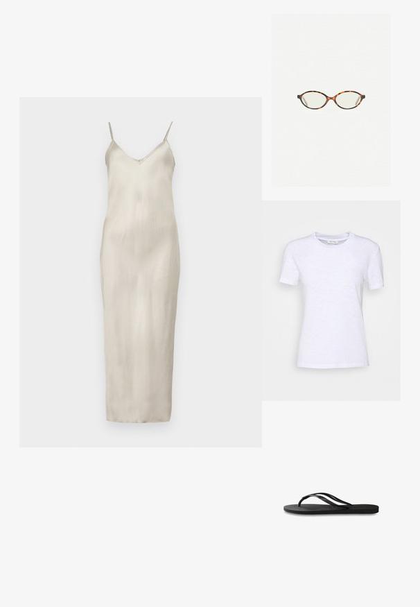 Svileni slip haljina u svijetlo bež boji, s tankim podesivim naramenicama, V-izrezom i ravnim siluetom do poda s glatkom teksturom.; Bijela pamučna majica kratkih rukava s okruglim izrezom i blago teksturiranom površinom. Bez vidljivih uzoraka ili dodataka.; Crne japanke s teksturiranom gumenenom potplatom, dva uska remena i suptilnim, urezanim logom na remenu.; Naočale u boji kornjače s ovalnim staklima i elegantnim, glatkim završetkom. Imaju tanke strane s suptilnom krivuljom na sljepoočnicama. Prozirna stakla.