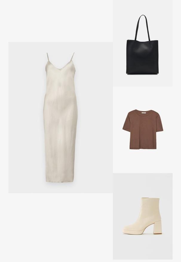 Satiini liukuva mekko vaaleanbeigeinä, ohuiden säädettävien olkaimien kanssa, V-pääntiellä ja suoralla lattianpituudella, jossa on sileä rakenne.; Kahvinsävyinen lyhythihainen t-paita, joka on valmistettu pehmeästä kankaasta. Pyöreä pääntie ja rento malli. Ei näkyviä kuvioita tai koristeita.; Beige nahkasaapas nilkkamallia, jossa on lohkarekorko ja alusta, sileä pinta ja hieman neliömäinen kärki, käänteessä vasemmalle valkoista taustaa vasten.; Mustapahkainen kangaskassi, jossa on sileä pinta, suorakaiteen muotoinen ja kaksi pitkää kahvaa. Ei näkyvää metalliosaa tai koristeita.