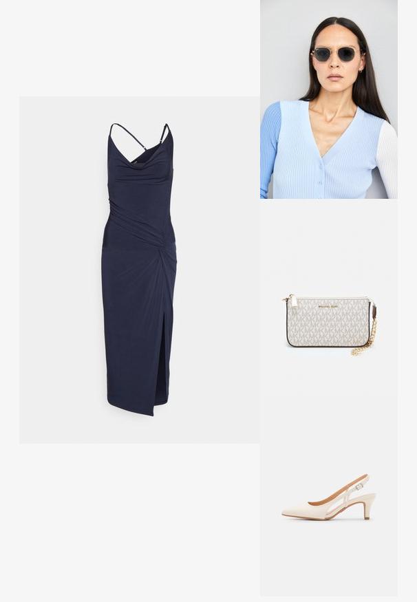 Marineblå, ermeløs kjole laget av elastisk stoff; har en drapert halslinning, vridd midje detaljer og en sideslits.; Hvit slingback-hel med spiss tå, glatt overmateriale, lav blokkhelt, og cut-out-design på siden med justerbar spenne.; Runde solbriller med mørke linser og guldrammer. Modellen har en lyseblå, ribbet cardigan med knapper og kontrast hvide ærmer på.; Michael Kors håndleddsveske i beige belagt kanvas med et gjentakende MK-logo mønster, gullfarget maskinvare og en avtakbar kjede-rem.