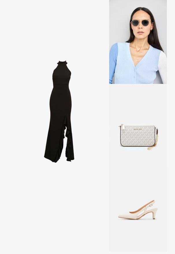 Schwarzes Halterneck-Kleid mit engem Oberteil und ausgestelltem Rock, der vorne mit einem rüschengeschmückten Schlitz versehen ist. Aus glattem Stoff gefertigt.; Weiße Slingback-Absätze mit spitzer Zehenpartie, glattem Obermaterial, niedrigem Blockabsatz und seitlichem Ausschnitt-Design mit verstellbarem Schnallenriemen.; Runde Sonnenbrillen mit dunklen Gläsern und goldenen Rahmen. Das Modell trägt eine hellblaue, gerippte Strickjacke mit Knöpfen und weißen Kontrastärmeln.; Michael Kors Clutch in beige beschichtetem Canvas mit einem wiederholten MK-Logo-Muster, goldfarbener hardware und einem abnehmbaren Kettenriemen.