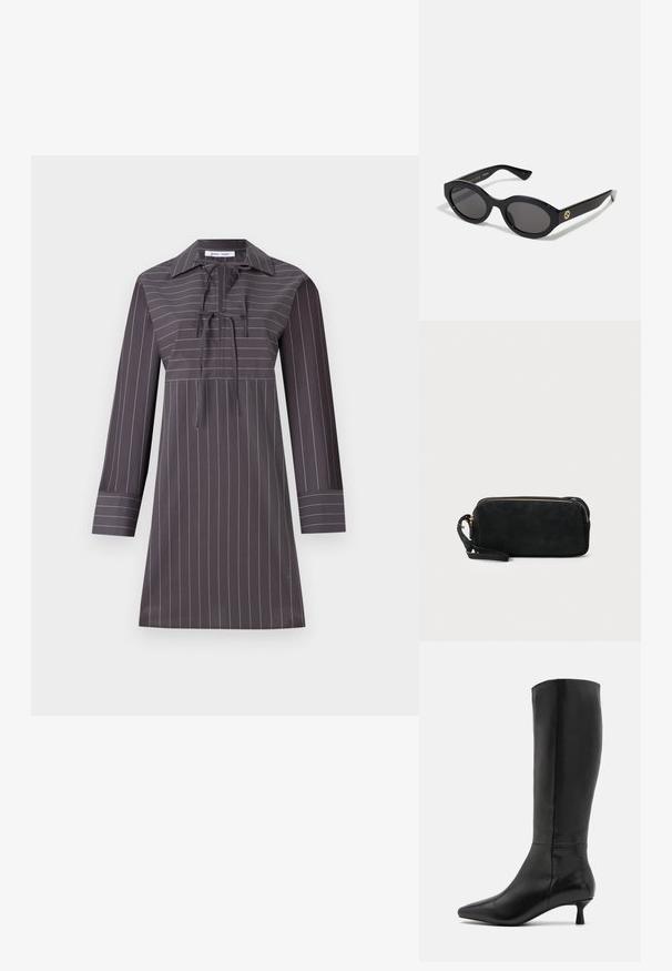 Szürke, hosszú ujjú ruha fehér függőleges csíkokkal, hegyes gallérral, nyaknál megkötő zárással és egyenes szabással. Simább szövet textúra.; Zign Csizmák - black; Fekete ovális napszemüveg sötét lencsékkel és fényes műanyag kerettel. Aranyszínű logóval rendelkezik a szárán, amely elegáns és modern megjelenést biztosít.; Fekete velúr kisestély tasak cipzárral és levehető csuklópánttal. Aranyszínű hardware-rel és sima, matt textúrával rendelkezik.