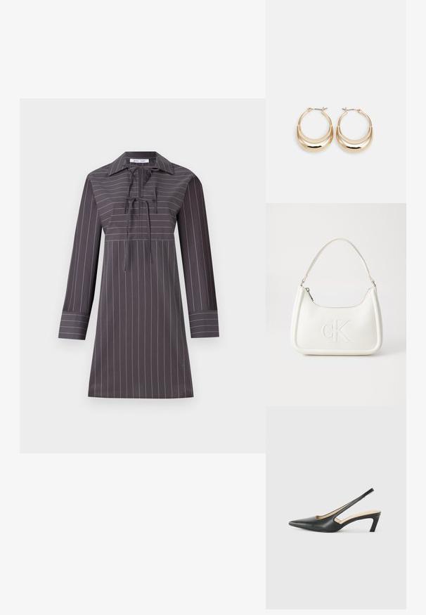 Abito grigio a maniche lunghe con strisce verticali bianche, colletto a punta, chiusura a fiocco al collo e silhouette dritta. Tessuto dalla consistenza morbida.; Scarpa slingback nera con punta affilata e tacco basso, realizzata in pelle liscia e con un design a taglio laterale per favorire la traspirabilità.; Borsa a tracolla in pelle bianca con forma curva, dotata di un logo "CK" impresso sul davanti e una singola tracolla. Chiusura a zip nella parte superiore.; Orecchini a cerchio tonalità oro con forma a mezzaluna, superficie lucidata e chiusura a cerniera. La texture liscia e la finitura riflettente migliorano la visibilità.