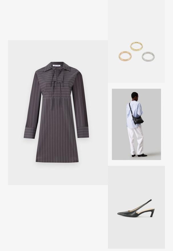 Rochie lungă gri cu mâneci lungi, cu dungi verticale albe, guler ascuțit, închidere cu cravată în jurul gâtului și siluetă dreaptă. Textură de țesătură netedă.; Pantof cu toc mic, cu vârf ascuțit și slingback, realizat din piele netedă, având un design decupat pe lateral pentru respirabilitate.; Geantă de umăr din piele neagră cu o textură moale, formă triunghiulară și curea ajustabilă, asortată cu o bluză cu dungi albastre deschise și pantaloni albi.; Trei inele din metal: unul roz aurie, unul auriu cu accente texturate și unul argintiu, toate cu branding gravat pe banda interioară.