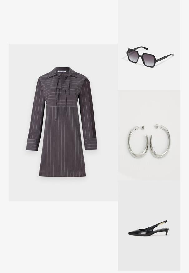 Sivá dlhá šaty s bielymi vertikálnymi pruhmi, špicatý golier, viazanie na krku a rovný strih. Hladká textúra látky.; Čierne kožené slingback opätky s špicatou špičkou, s úzkym opätkom a zlatým detailom na nastaviteľnom remienku. Hladká textúra.; Čierne hexagonálne slnečné okuliare s gradientovými šošovkami, majú lesklý povrch a diskrétne logo na stranici. Vyrobené z odolného plastu.; Strieborné kruhové náušnice s hladkým, zakriveným dizajnom. Majú lesklý kovový povrch a zapínanie na kolík. Žiadne viditeľné vzory ani akcenty.