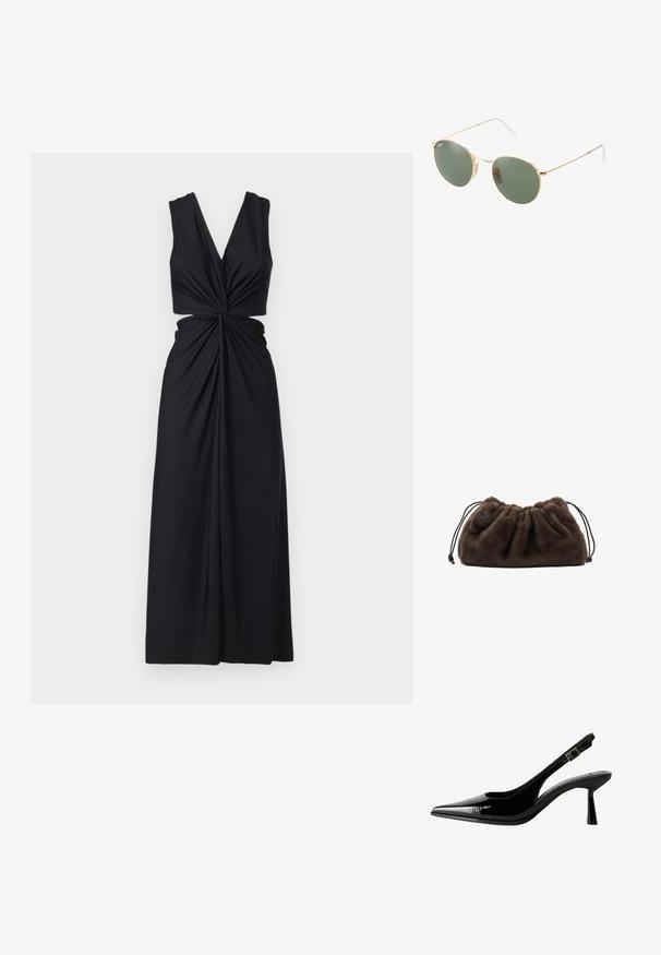 Zwart zonder mouwen jurk met een diepe V-hals, gedraaide voorkant ontwerp en vloeiende stof. De rok hangt tot de vloer.; Zwarte gepatineerde leren slingback pump met een spitse neus, uitsparingen aan de zijkanten, een verstelbare enkelband en een dunne, slanke hak.; Gouden metalen zonnebril met groene lenzen, ronde vorm, dunne pootjes en witte plastic accenten op de uiteinden van de steunen.; Bruine handtas van nep bont met een geplooid ontwerp en een trekkoordsluiting. Zachte textuur, afgeronde vorm en minimalistische stijl.; Gouden hoepeloorbellen met een gestructureerde afwerking, voorzien van een rij kleine heldere kristallen langs de rand en een studsluiting.