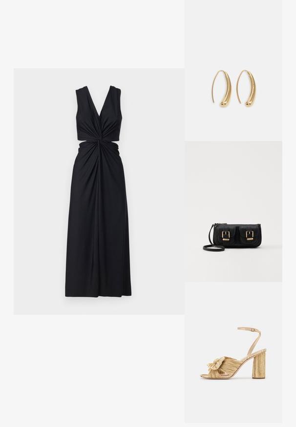 Sort ærmeløs kjole med dyb V-udskæring, snoet frontdesign og flydende stof. Skørtet falder til gulvet.; Guldhælede sandaler med en knyttet front, plisseret tekstur og en ankelrem. Blokhælen har et ribbet design, der forbedrer grebet.; Sort læder crossbody taske med to frontlommer, guldspænder, lynlåslukning og en slank rem. Struktureret overflade og kompakt rektangulær form.; Guldfarvede metal hoops øreringe med en bøjet, forlænget form. Har en glat, skinnende overflade og en afrundet spids for ekstra detalje.